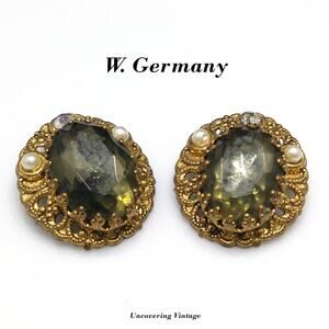 West Germany Gray Green Clip Earrings, Clear Glass & Faux Pearls, 1950s Vintage